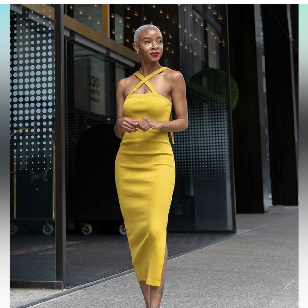 Elegant Yellow Cross-Strap Midi Dress